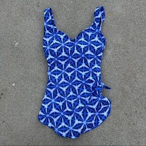Maxine of Hollywood Cobalt blue prismatic sarong one-piece swimsuit size 8